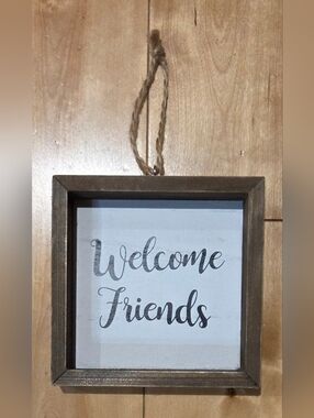 Hobby Lobby 'Welcome Friends' Wood Hanging Wall Sign (4.75" x 4.75")